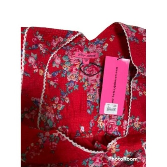 Betsey Johnson Red Floral Ruffle Dress M NWT Cottagecore Seersucker Boho - Picture 11 of 12